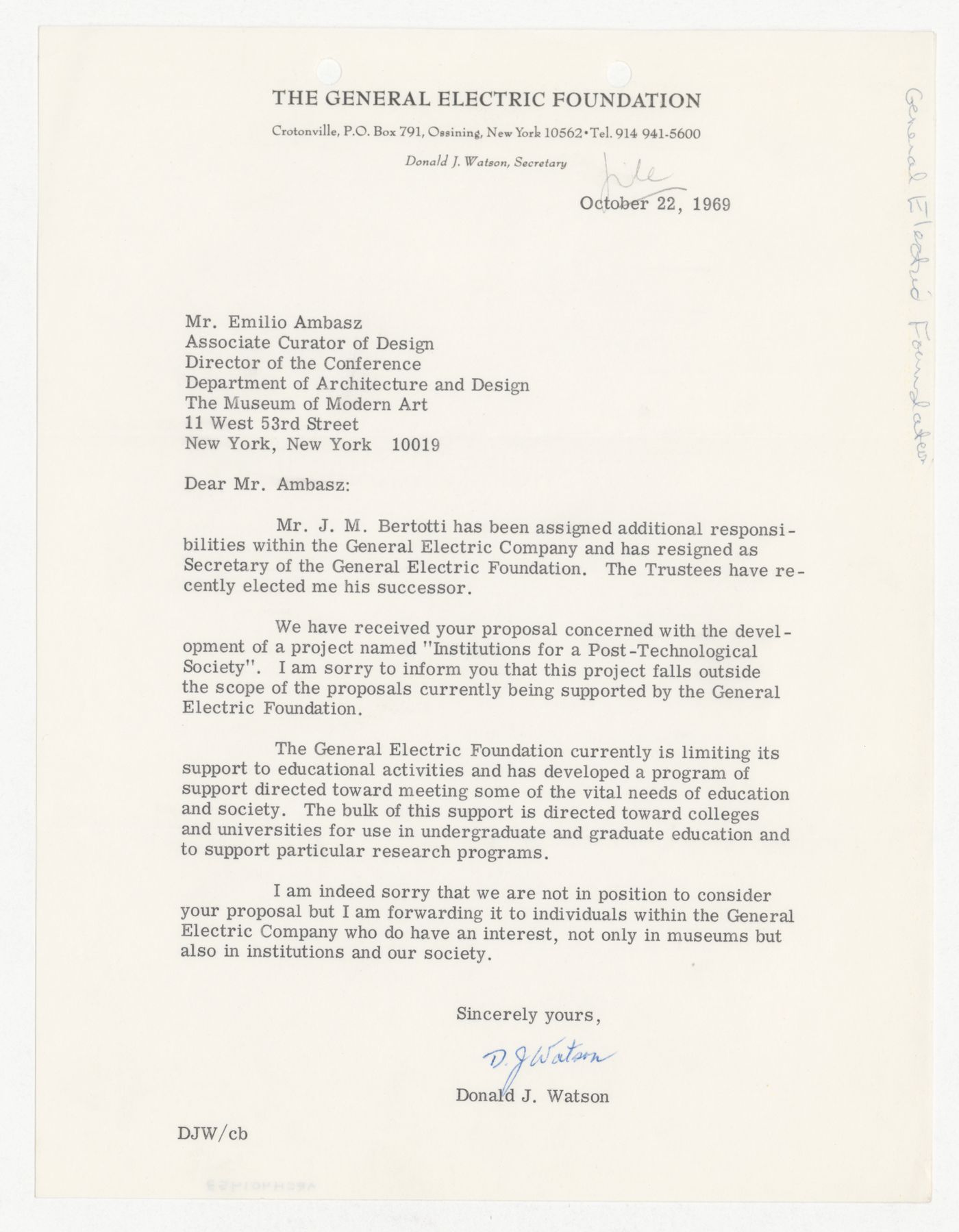 Letter from Donald J. Watson to Emilio Ambasz responding to proposal for Institutions for a Post-Technological Society conference