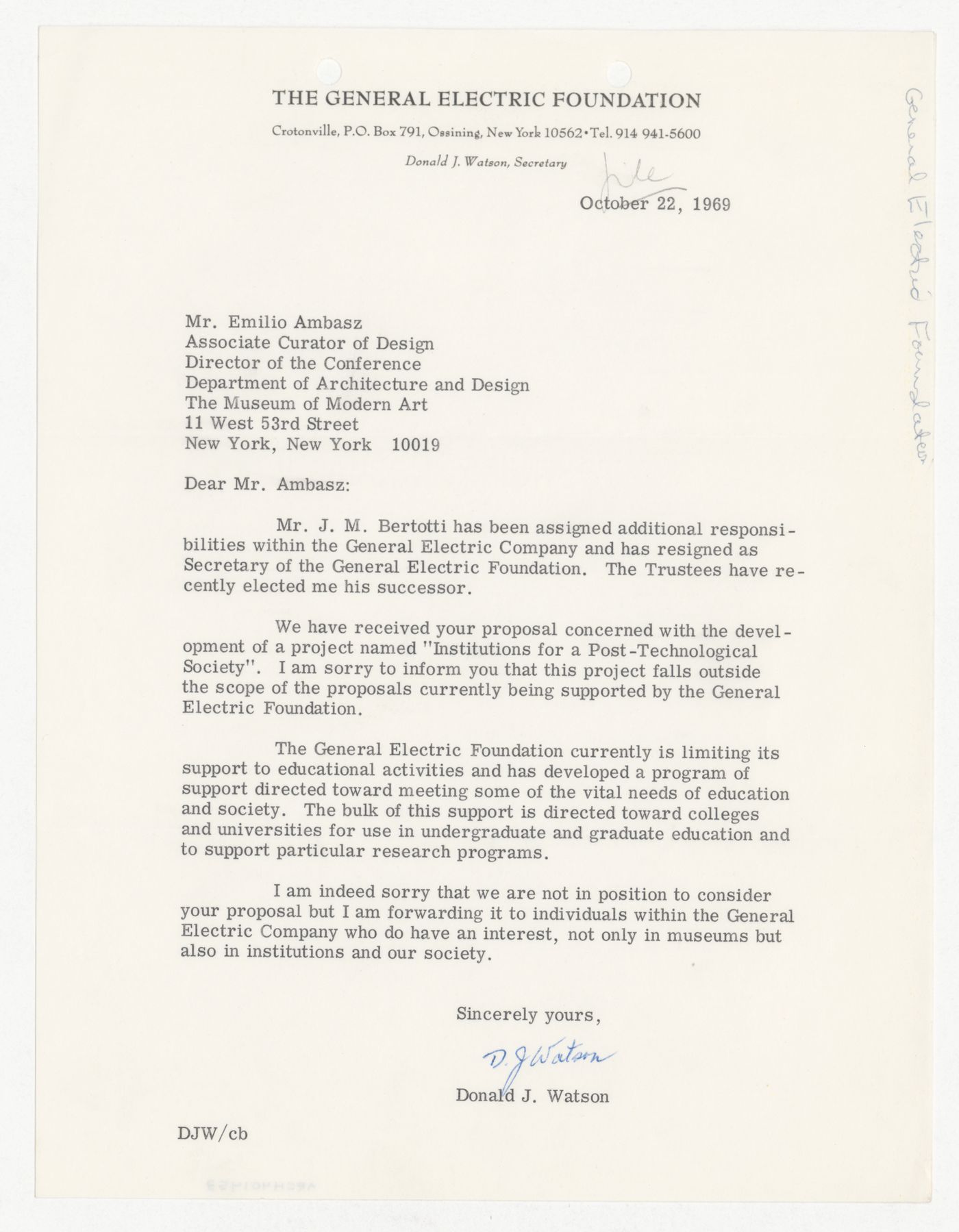 Letter from Donald J. Watson to Emilio Ambasz responding to proposal for Institutions for a Post-Technological Society conference