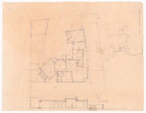 Plan, section, and sketch perspectives for Casa em Francelos, Vila Nova de Gaia, Portugal