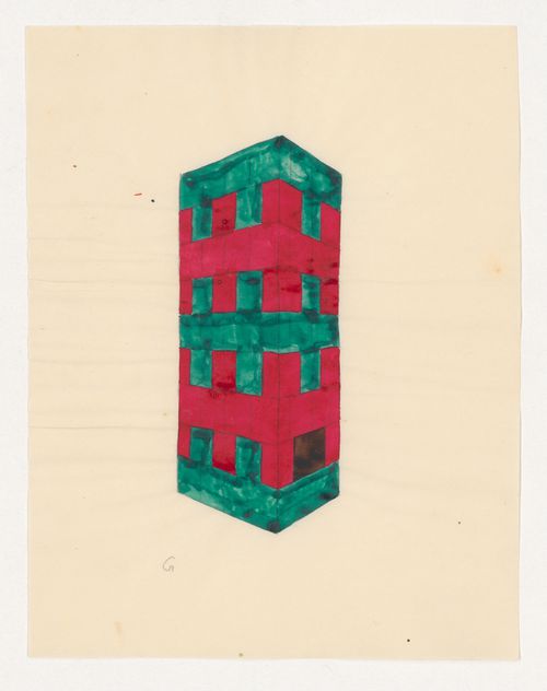 Perspective sketch for a red and green tiled stove