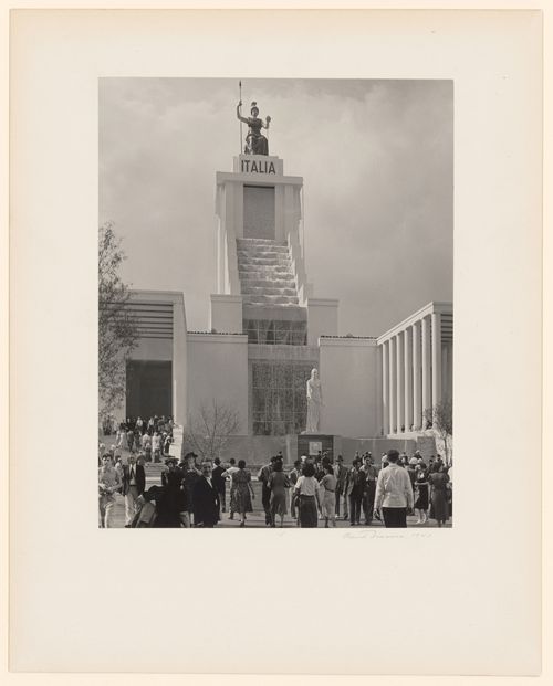 New York World's Fair (1939-1940): View of Italian Pavilion façade with casçade fountain, Roma statue on top