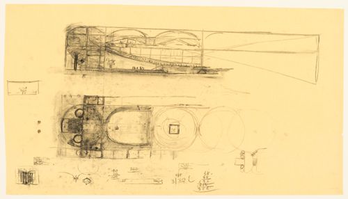 Partial plan and elevation, with thumbnail sketches, for the Palazzo dei Congressi, Venice, Italy
