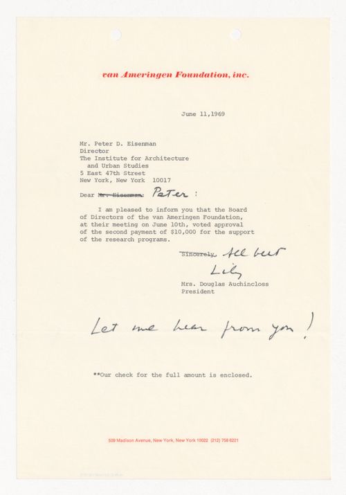 Letter from Mrs. Douglas Auchincloss to Peter D. Eisenman about a grant awarded by the van Ameringen Foundation with annotations by Auchincloss