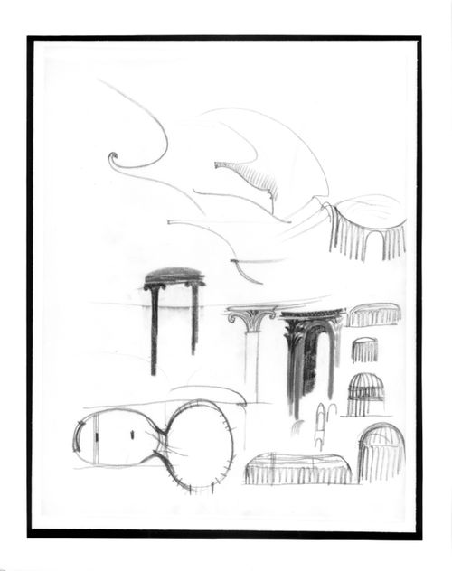 Sketches of columns, domed sections, and a plan for the Grosses Schauspielhaus, Berlin.