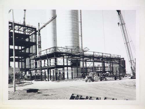 View of construction of steel structure for boiler house of power station, United Kingdom