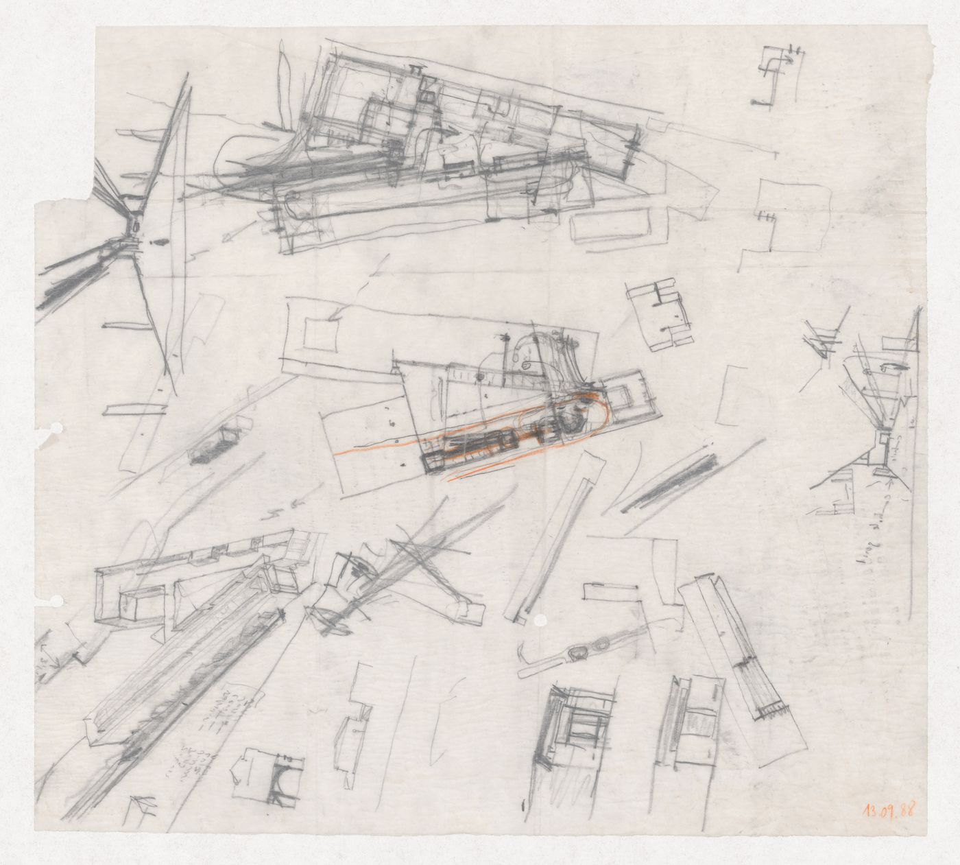 Sketch plans, perspectives, and details for Centro Galego de Arte Contemporânea, Santiago de Compostela, Spain