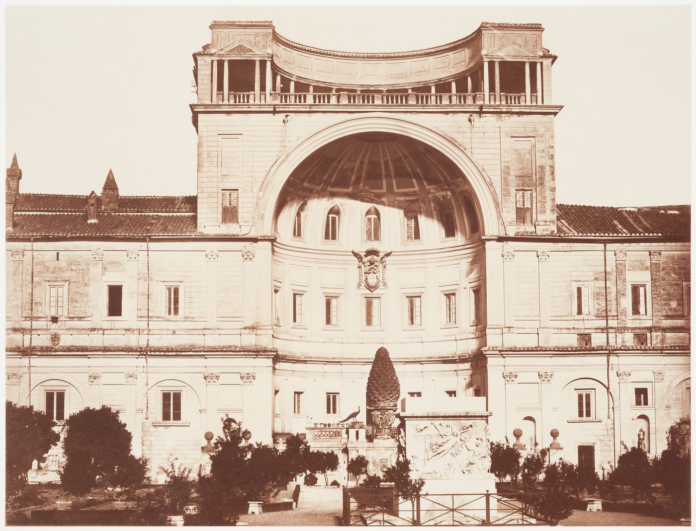 Garden in the Vatican styled "Della Pigna" containing the marble base of a column dedicated to Antoninus; architecture by Bramante