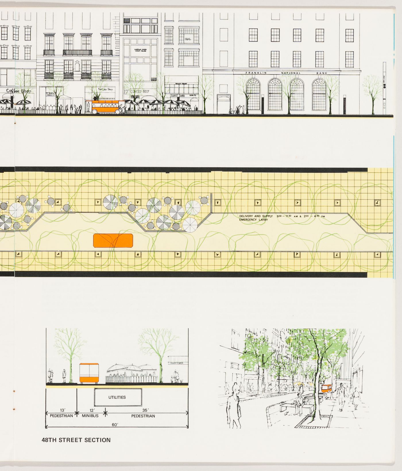 Elevation, plan, section and perspective of 48th street in New York, from the study Movement in Midtown