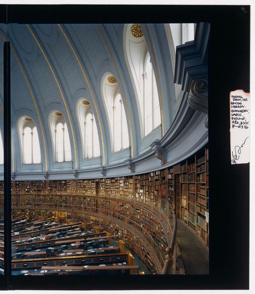 Partial interior view of the Reading Room showing the domed roof, galleries and desks, the British Museum, London, England