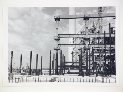 View of construction of steel structure for power station, United Kingdom