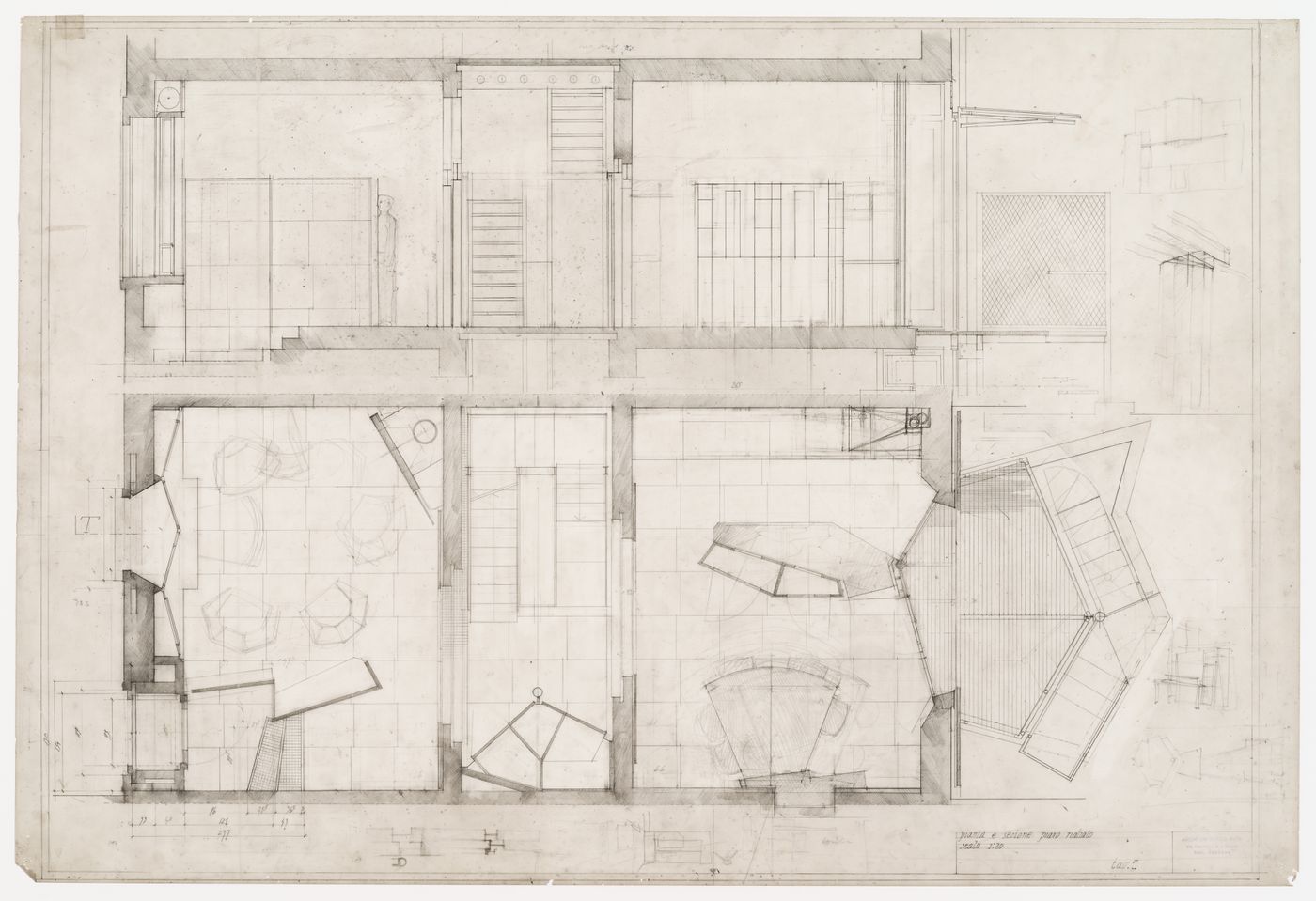 Plan and section of raised ground floor showing entrance, living room, closet, kitchen, dining room and loggia for Casa Frea, Milan, Italy