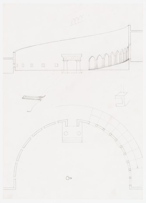 Staatsgalerie, Stuttgart, Germany: sectional elevation and plan of the rotunda