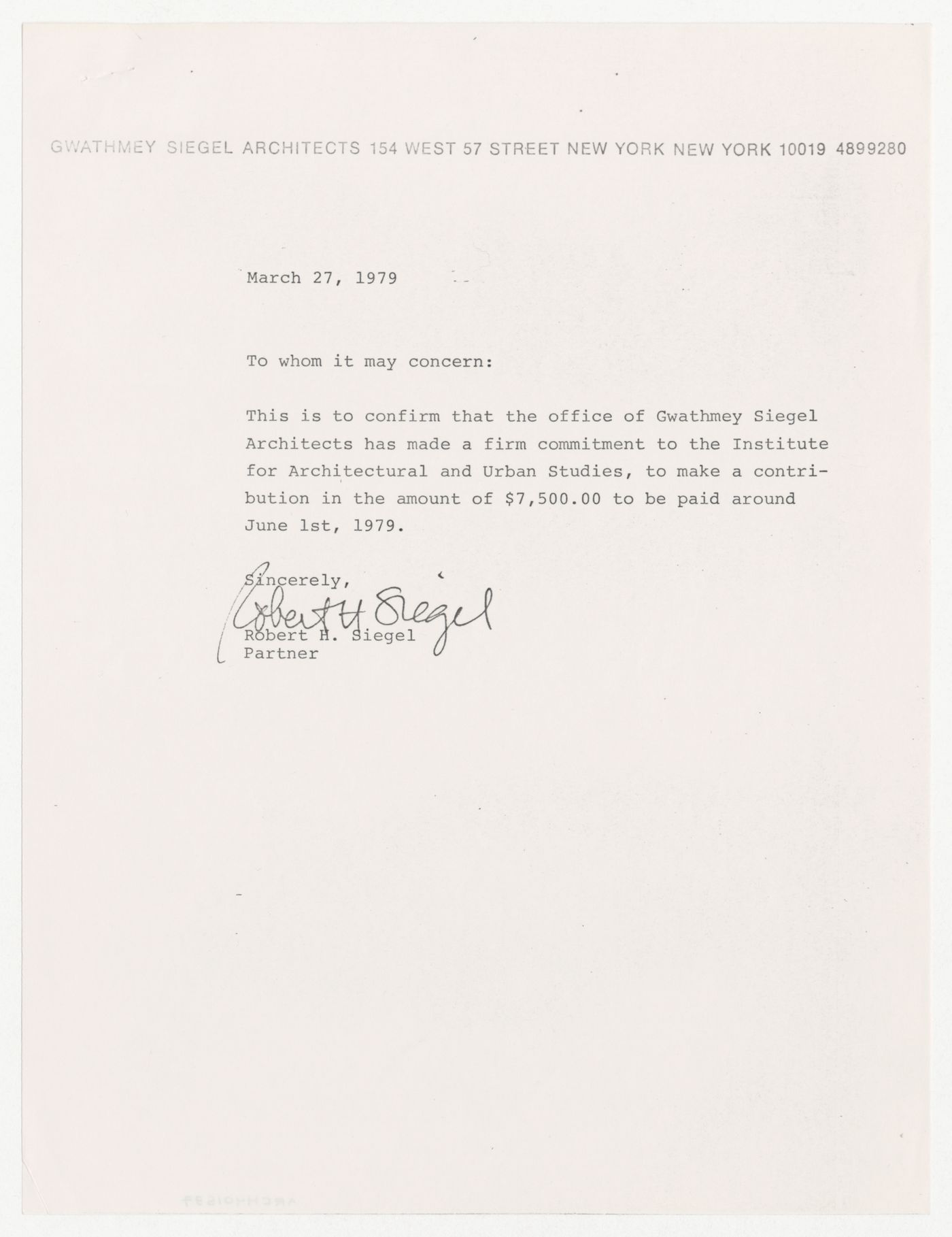 Letter from Robert H. Siegel about donation to IAUS by Gwathmey Siegel Architects