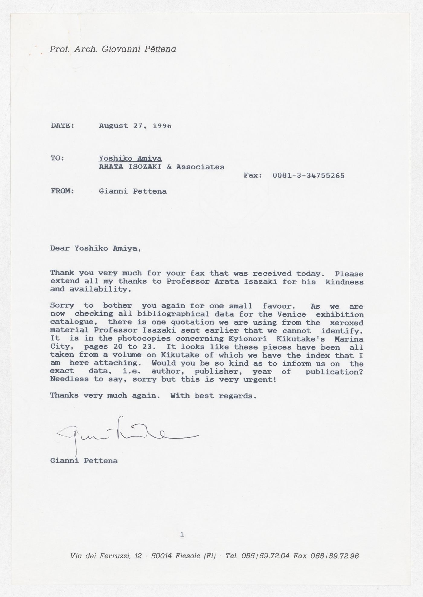 Correspondence with Yoshiko Amiya of Arata Isozaki & Associates regarding the exhibition Radicals. Architecttura e Design 1960-1975