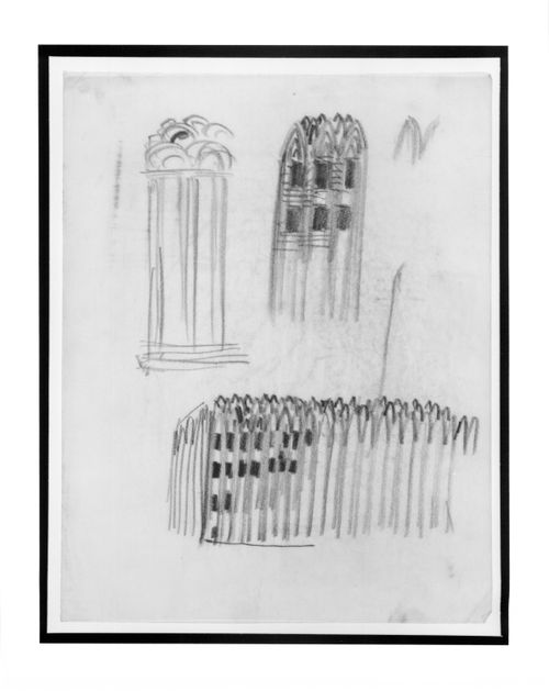 Perspective sketch and details of facade articulation for a Banking Hall Project, Dresden (?)