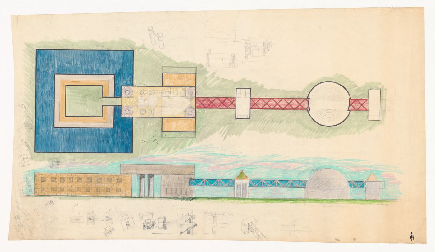 Plan, elevation and sketches for town hall, Scandicci, Italy