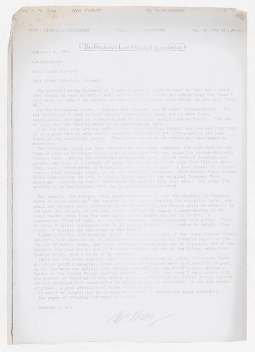 Correspondence with the Frederick Law Olmsted Association for the exhibition Olmsted: L'origine del parco urbano e del parco naturale contemporaneo