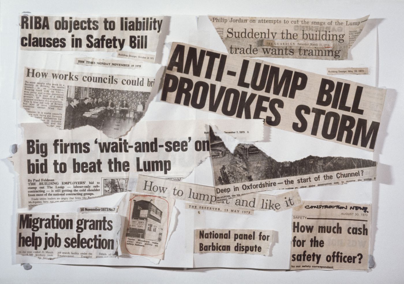 Collage of newspaper headlines related to the building industry in Britain (slide from the McAppy project series)