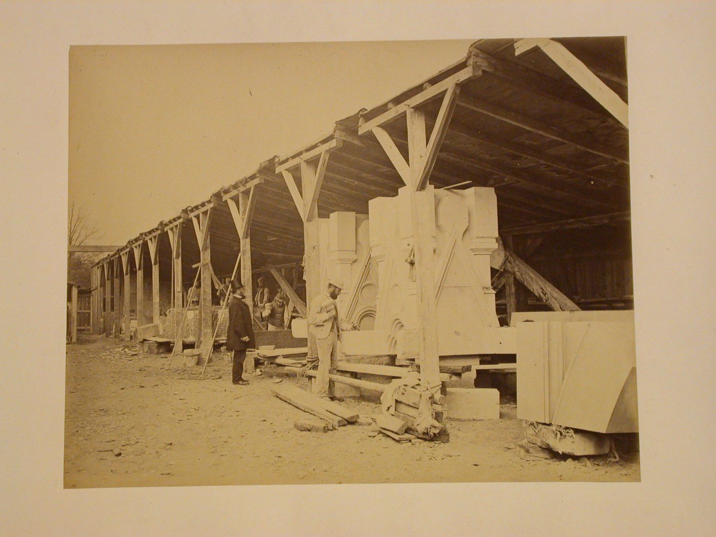 View of the Albert Memorial construction site showing the production of spire elements, Hyde Park, London, England