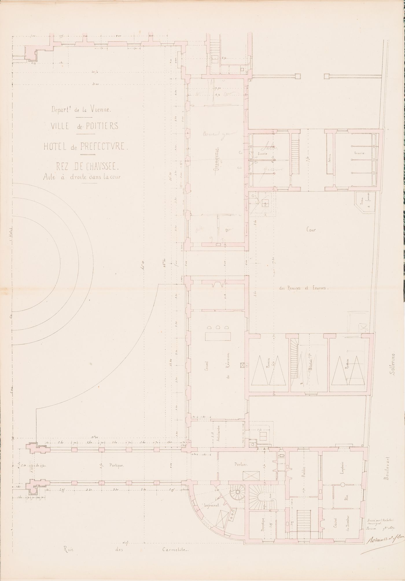 Project for a Hôtel de préfecture, Poitiers: Ground floor plan for the right wing