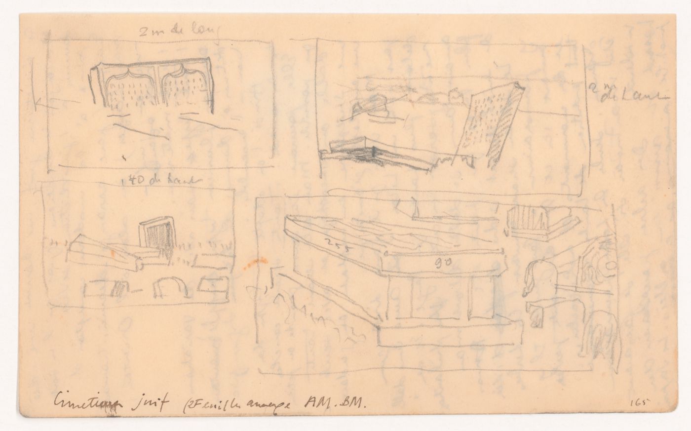 Sketches of tombstones and a sarcophagus in a Jewish cemetery