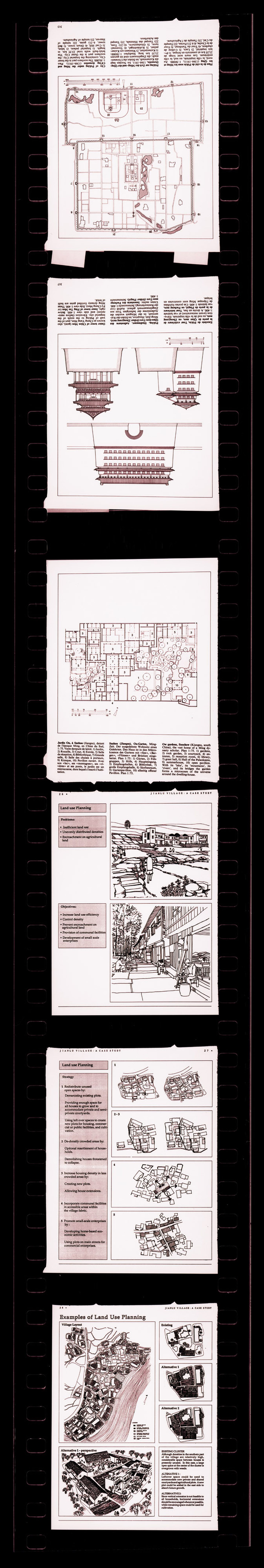 Negative strip of illustrations for the publication "Housing a Billion: Village Upgrading: Jianlu, China" publication