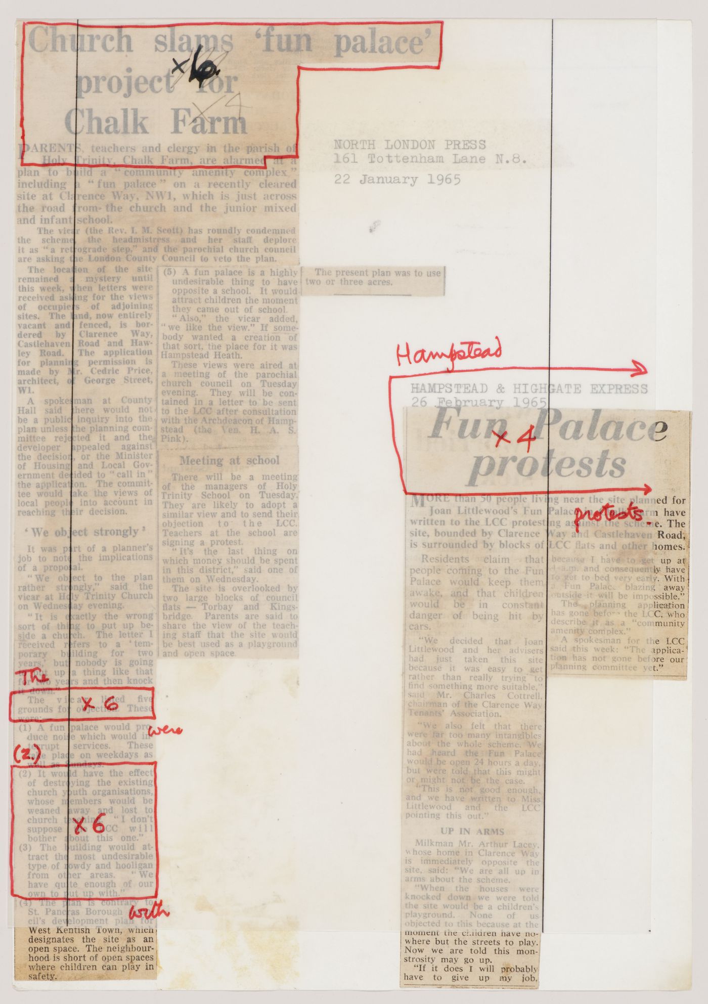 Collage of clippings from the North London Press ("Church slams 'Fun Palace' project for Chalk Farm", 22 January 1965) and the Hampstead & Highgate Express ("Fun Palace protests", 26 February 1965), overlayed with notations