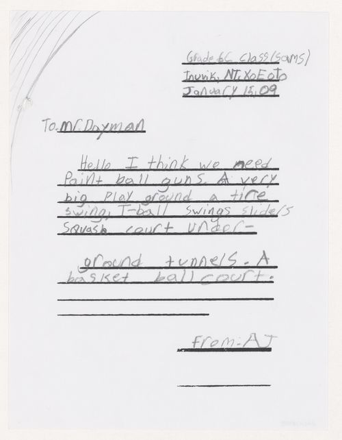 Letter from student for Inuvik School, Inuvik, Northwest Territories