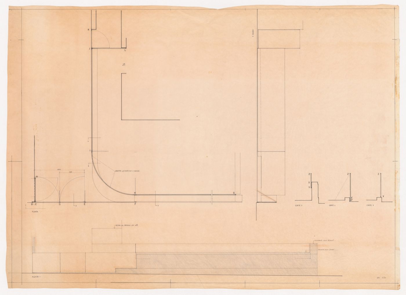Plan, elevation and sections for the external wall for Casa Manuel Magalhães, Porto