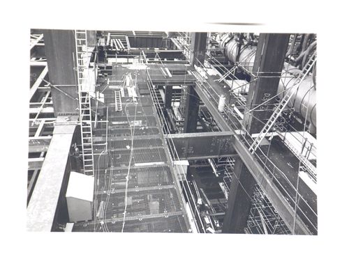 View of construction of steel structure for power station, from interior, United Kingdom