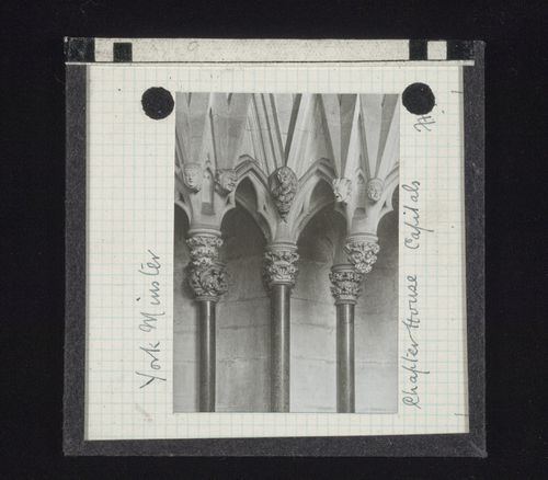 Detail view of canopy with sculptures and capitals in Chapter House of York Minster, York, North Yorkshire, England