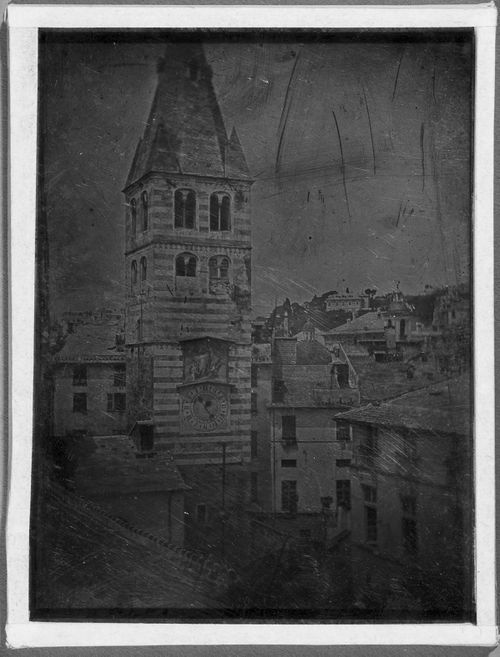 View of clock tower, Genoa, Italy