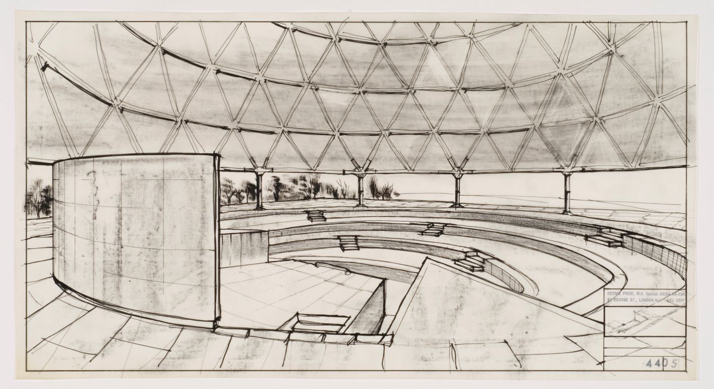 Interior perspective with dome cap raised, Claverton Dome, Bath