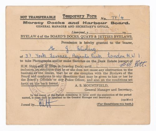 Temporary pass from Mersey Docks & Harbour Board giving Mr. J. Stirling permission to make photographs and sketches on the Dock Estate