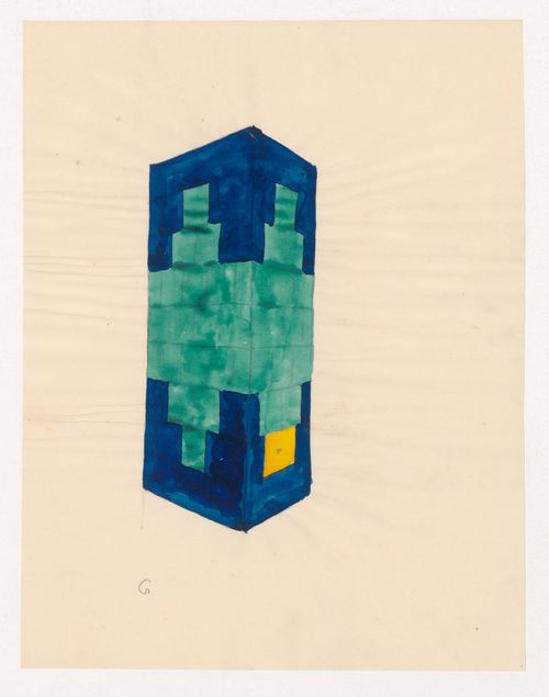 Perspective sketch for a green and blue tiled stove