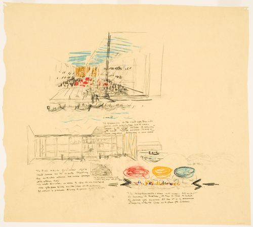 Perspective sketches for the Italian Biennale pavilion and sketches for the Palazzo dei Congressi, Venice, Italy