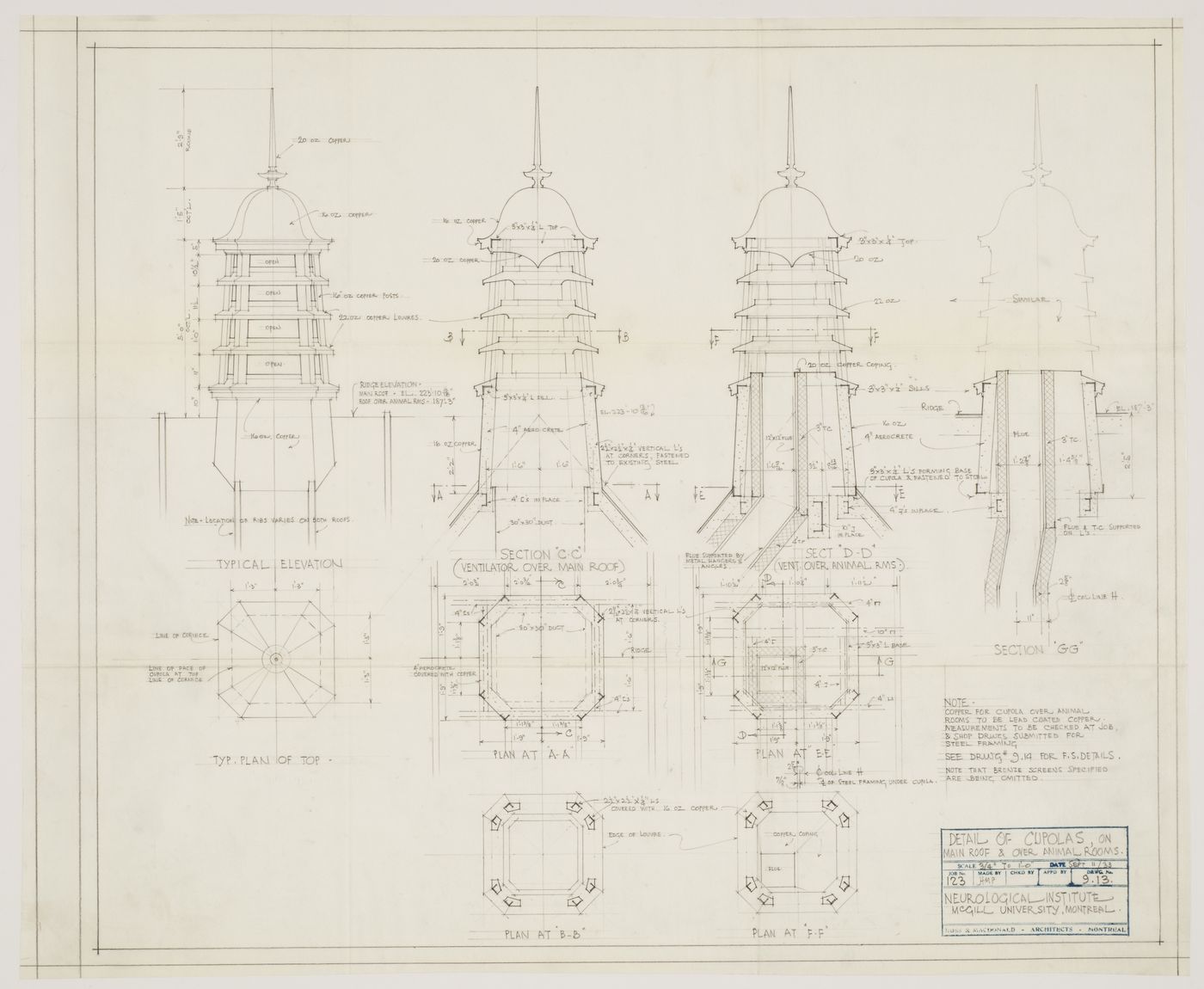 Montréal Neurological Institute, Montréal, Québec: detail drawing for cupolas on main roof and over animal rooms