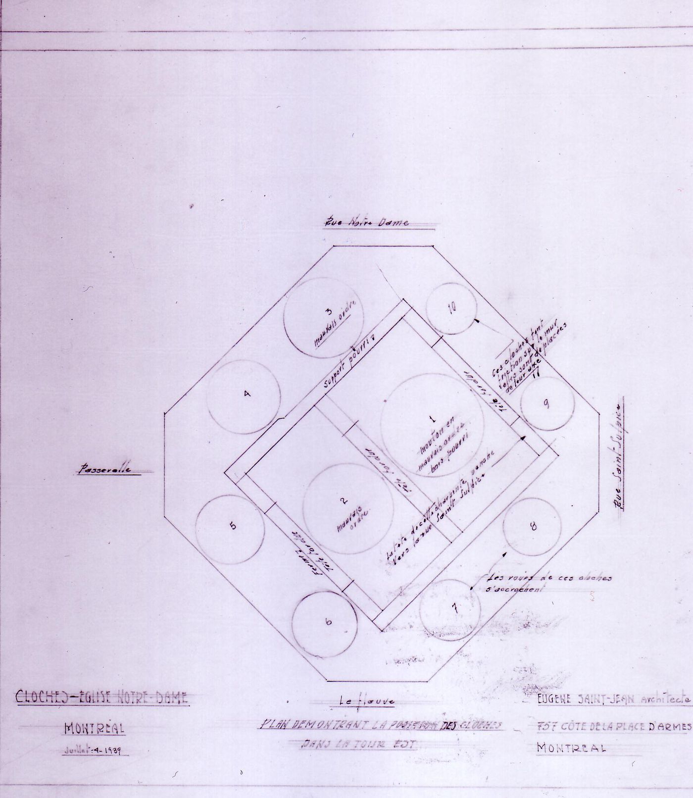 Plan of bell locations in the Tour de la Persévérance of Notre-Dame de Montréal, apparently for the renovations of 1929-1949