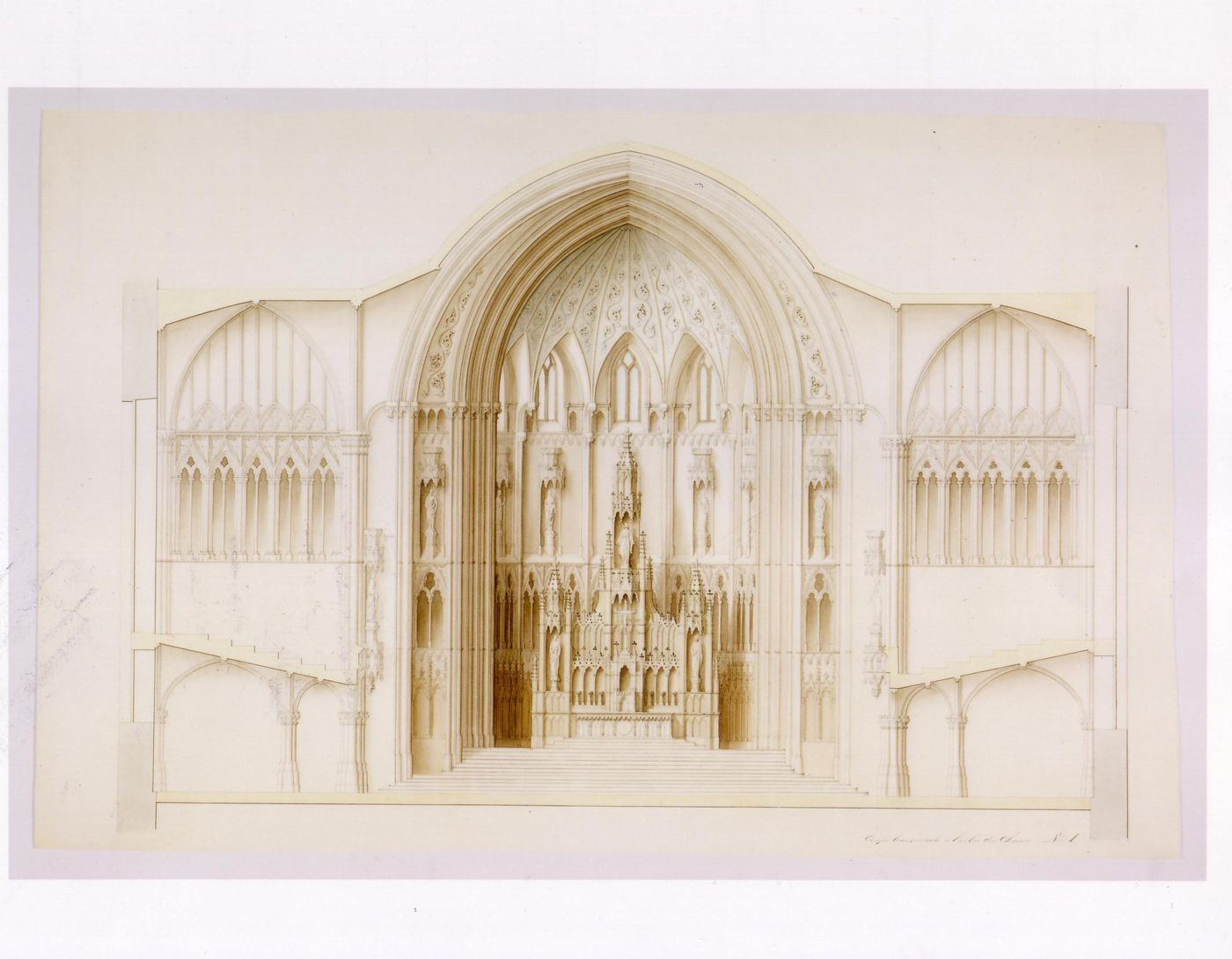 Elevation for the sanctuary and section for the choir for the interior design by Bourgeau et Leprohon for Notre-Dame de Montréal