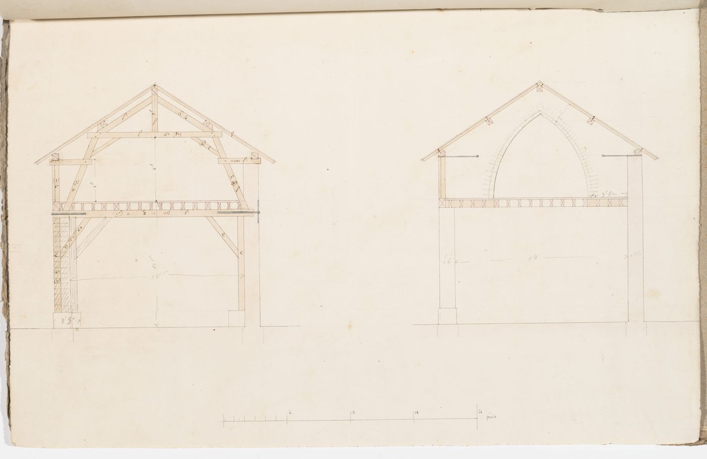 Sections through a stable and granary, probably for comte Treilhard