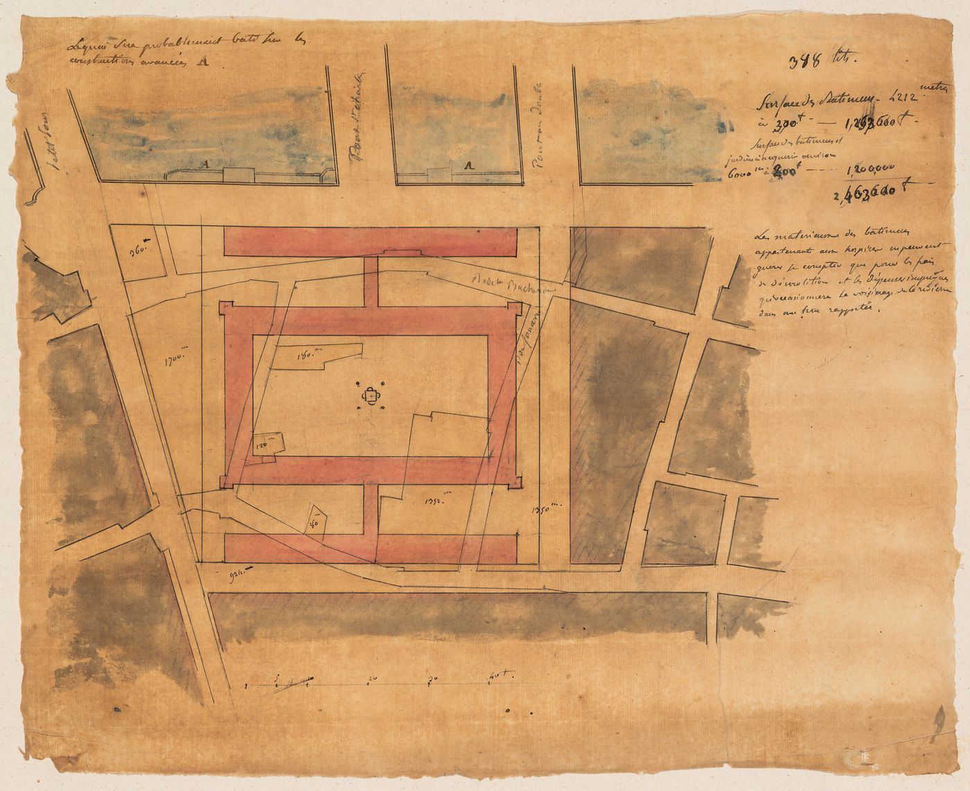 Ideal hospital for 400 patients, place du Parvis-Notre-Dame, Paris: Block plan