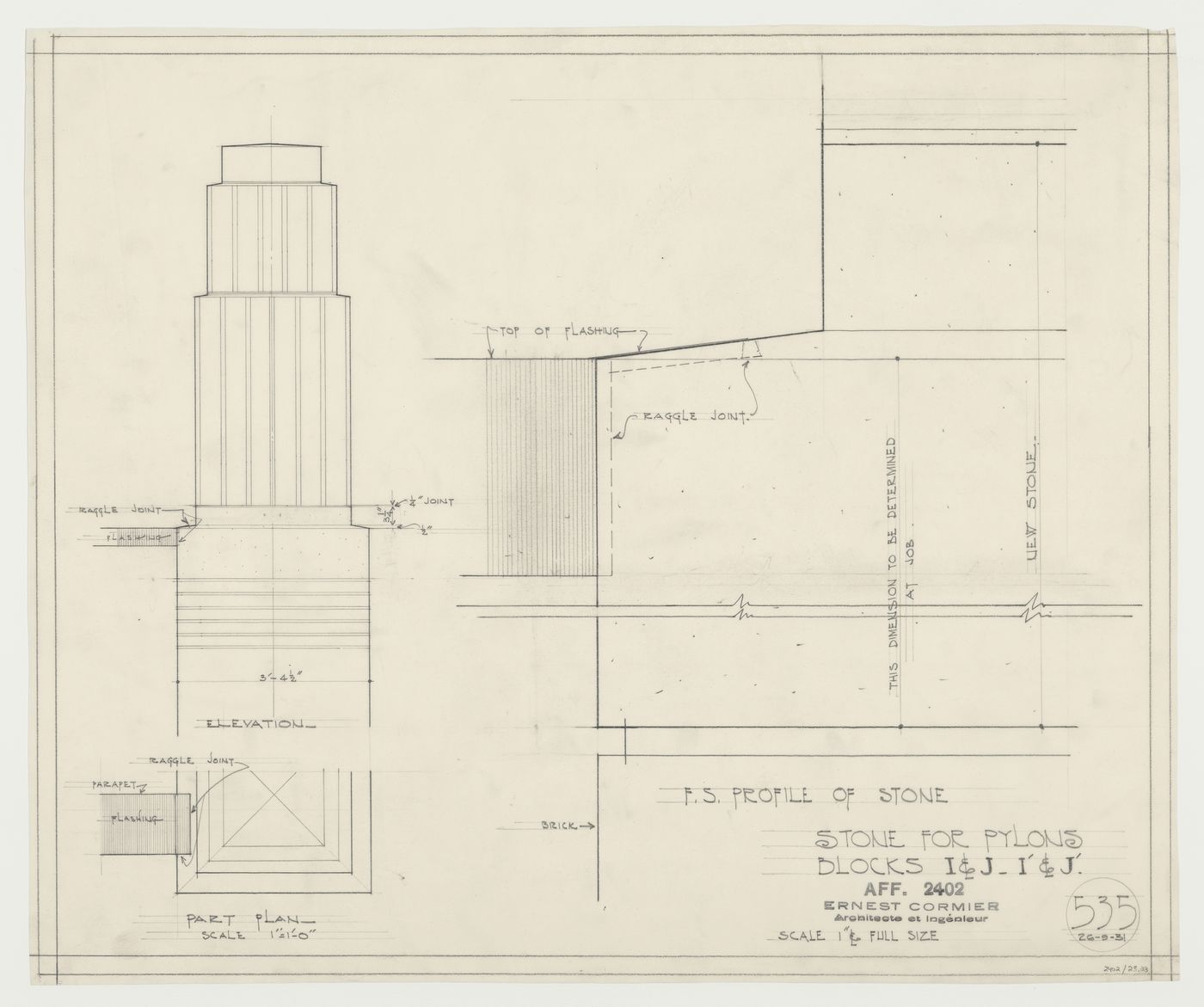 Détails des pierres pour les pylônes, Pavillon principal et campus, Université de Montréal, Montréal, Canada (1924-1947)