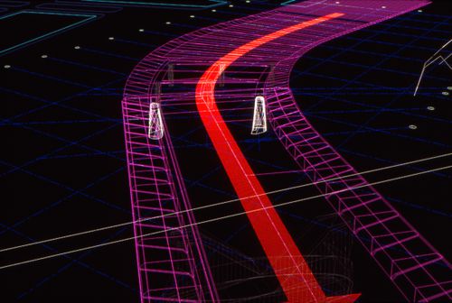 Screen capture of an AutoCAD file of a wire-frame model of the bridge landing, including arrows representing circulation, for Erasmus Bridge