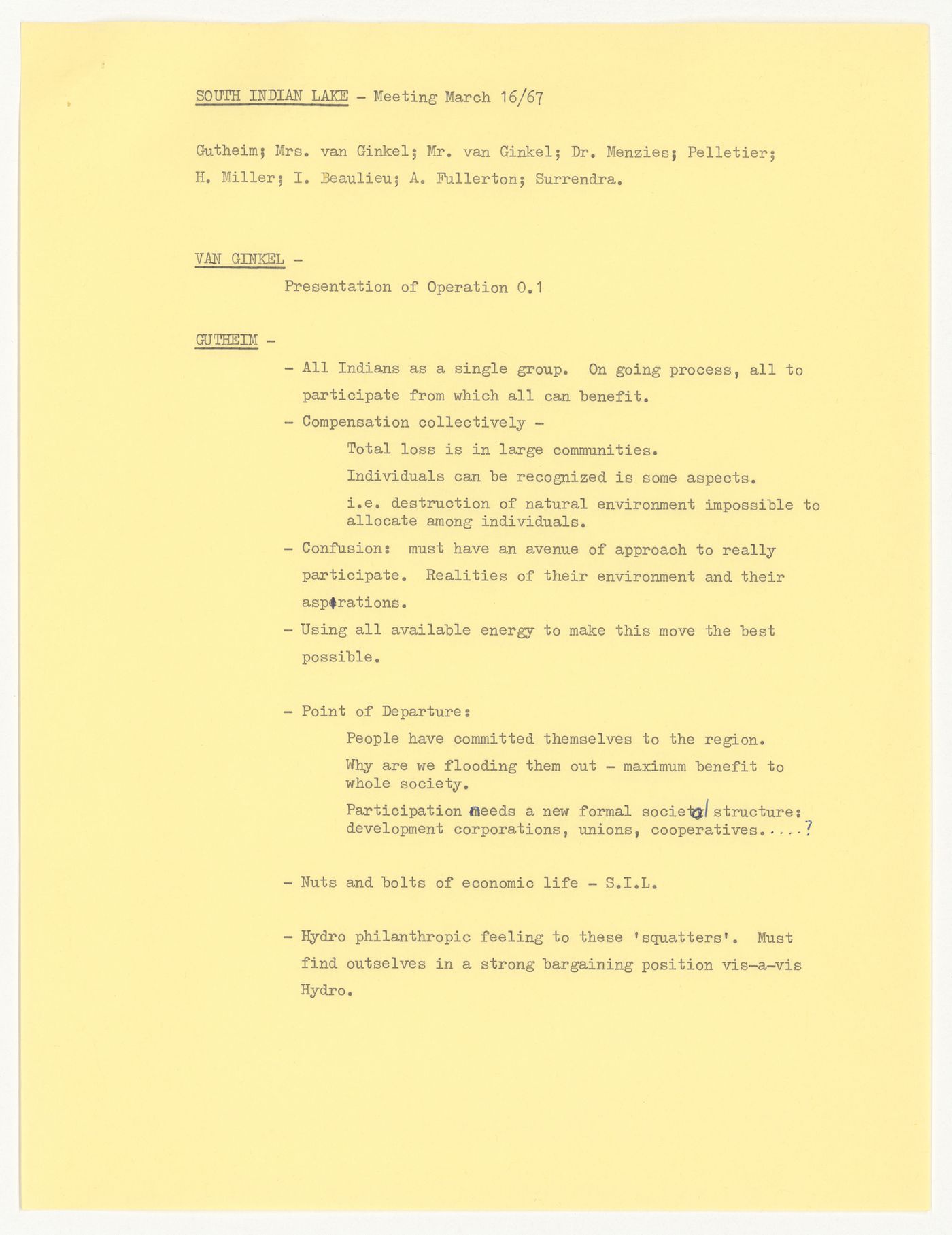 Minutes of meeting for South Indian Lake, Manitoba