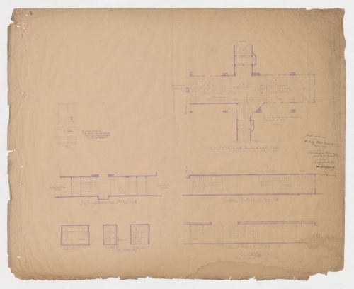 Kearsarge Building, Chicago: Elevations and plan, including ceiling tile pattern, for the first floor entrance lobbies with elevations for entrance doors and plan and elevation for the toilet cases (combined coat closet and office sink cabinet)