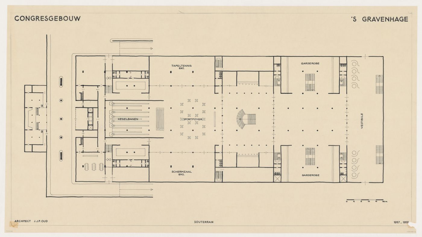 Basement plan showing a bowling alley and games rooms for the Congress Hall Complex, The Hague, Netherlands