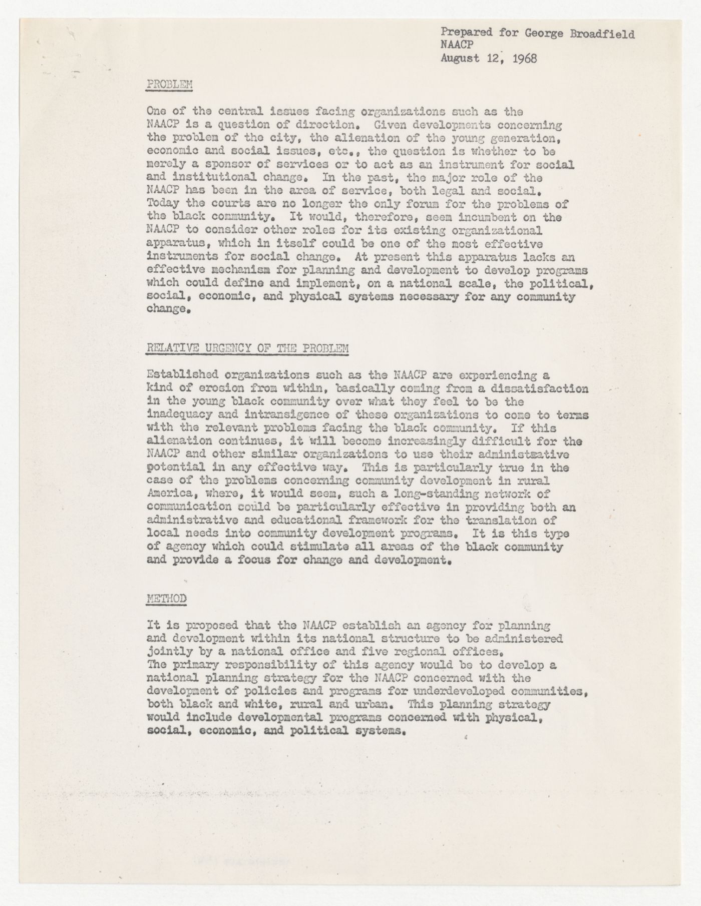 Letter from Peter D. Eisenman to George Broadfield with attached draft project proposal for a planning and development agency for the National Association for the Advancement of Colored People (NAACP) National Office