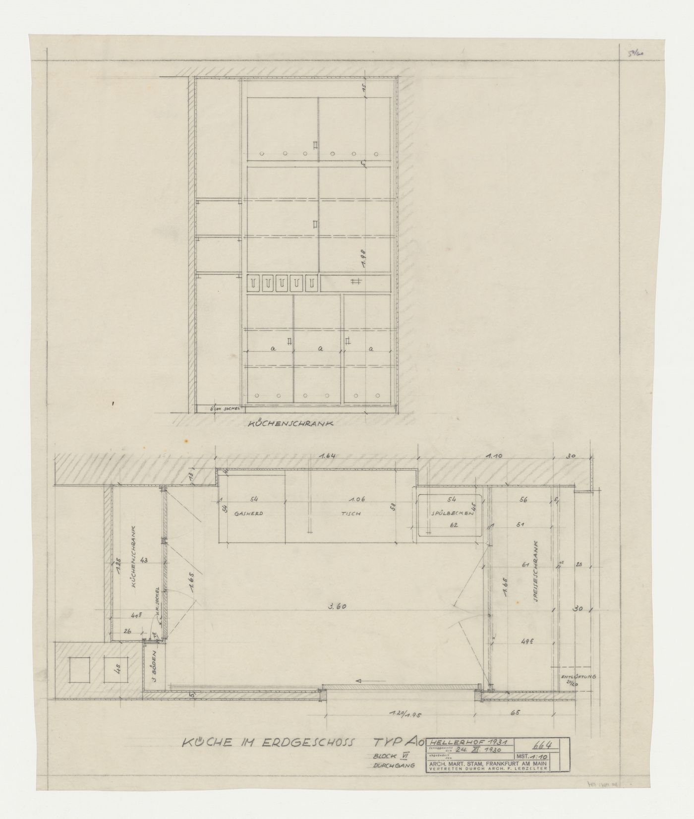 Ground floor plan and elevation for a type AO kitchen for a housing unit for Block VI, Hellerhof Housing Estate, Frankfurt am Main, Germany