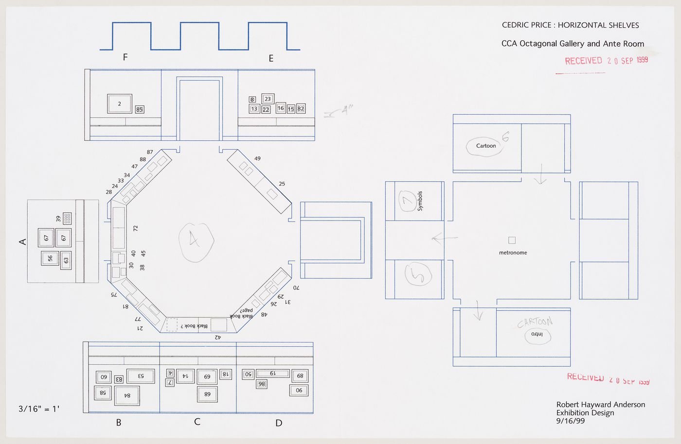 Plan for the Octagonal Gallery and Ante Room at the Canadian Centre for Architecture for the exhibition "Cedric Price: Mean Time" (document from Mean project records)