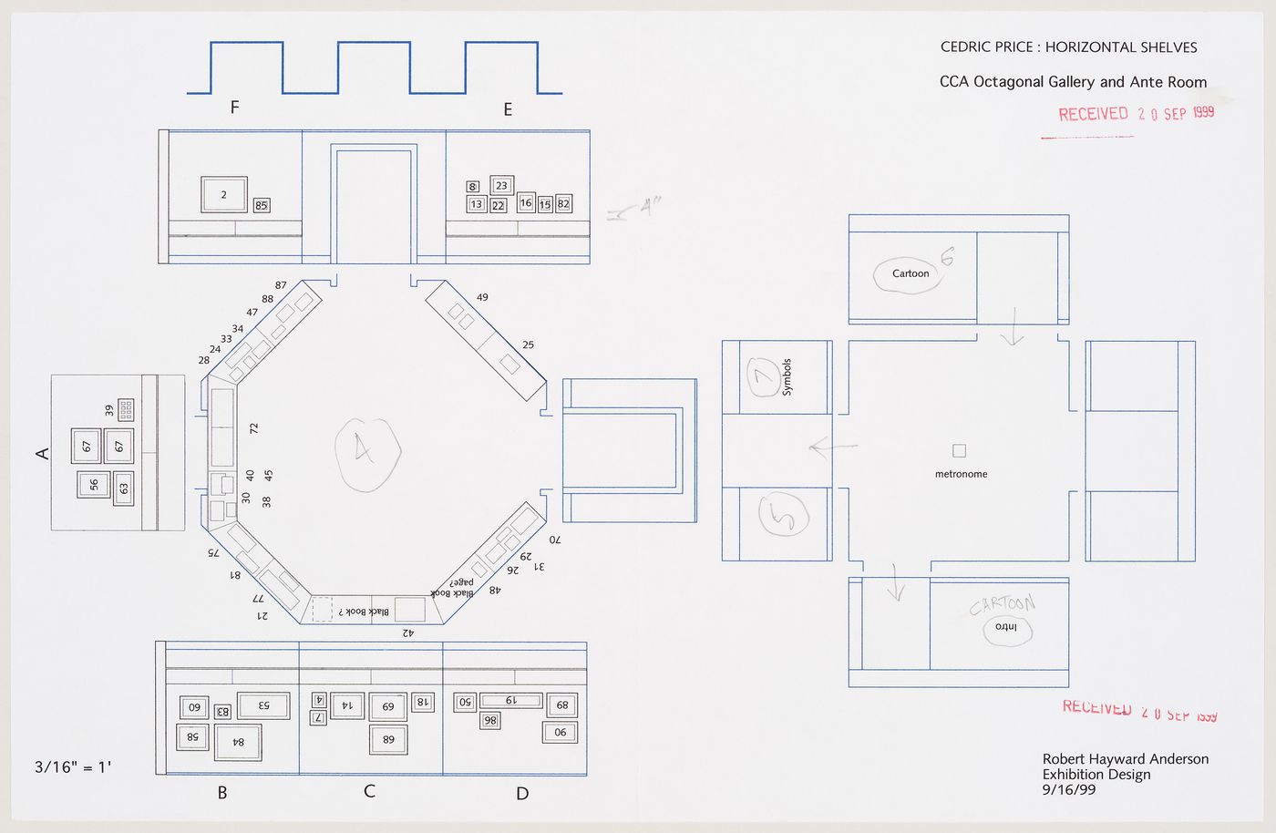 Plan for the Octagonal Gallery and Ante Room at the Canadian Centre for Architecture for the exhibition "Cedric Price: Mean Time" (document from Mean project records)